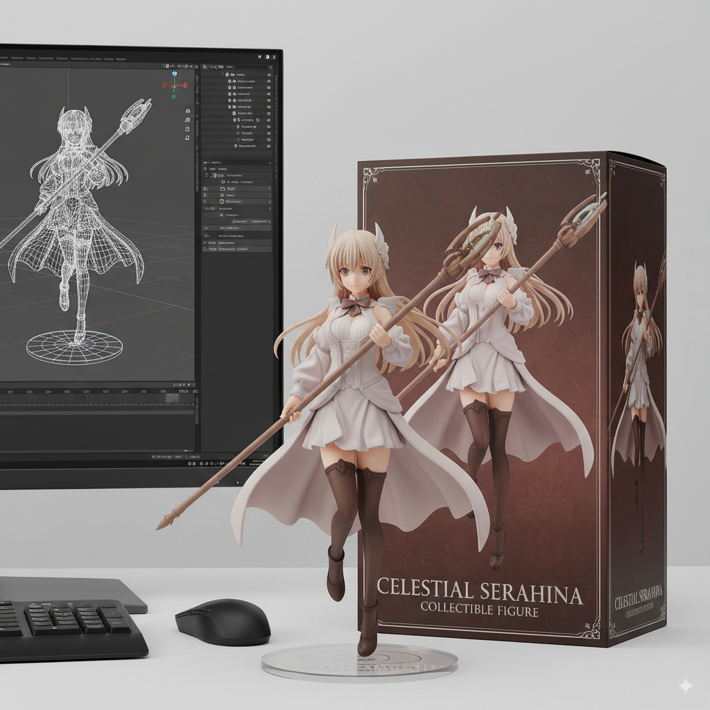 From digital to physical: A 3D wireframe model of an anime character is displayed on a computer screen, positioned behind the final, tangible collectible figure and its box
